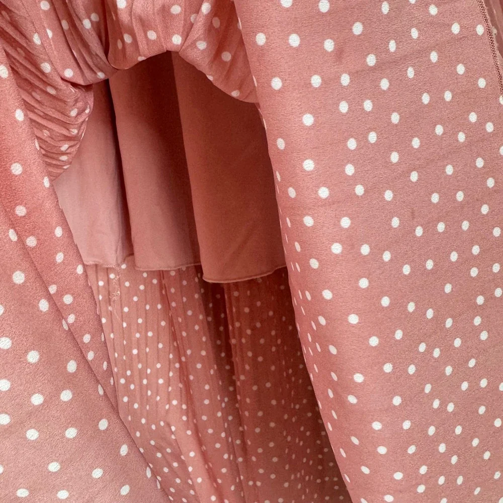 Exlura Women Pink Polka Dot Pleated Midi Skirt Elastic High Waist Pockets Size M